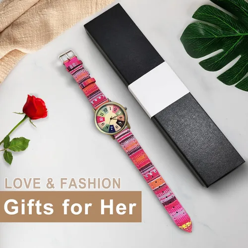 Vista 7 de Relojes para mujer - Boho Hippie para mujer, reloj arcoíris tejido de piel sintética