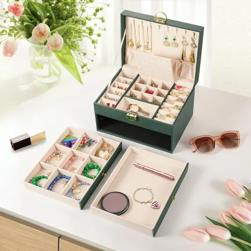 Vista 3 de Joyero de 3 capas, organizador de joyas con cajón organizador de joyas, grandes cajas de joyería y organizador con organizador de aretes