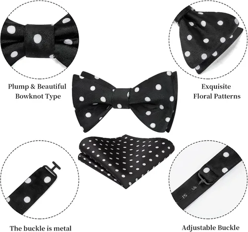 Vista 157 de HISDERN Pajaritas para hombre, diseño de lunares, corbatín y bolsillo cuadrado, clásico, esmoquin de negocios, boda, pajaritas, pañuelo