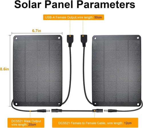 Vista 3 de Paquete de 2 paneles solares con gancho de metal, módulo monocristalino de alto rendimiento de 5V 6W con salida USB-A hembra y DC macho, panel