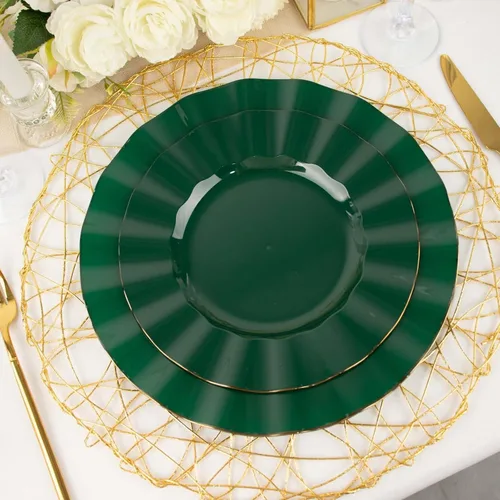 Vista 181 de Tableclothsfactory Paquete de 10 platos redondos de plástico negro de 6 pulgadas para ensalada de postre, platos desechables con borde ondulado