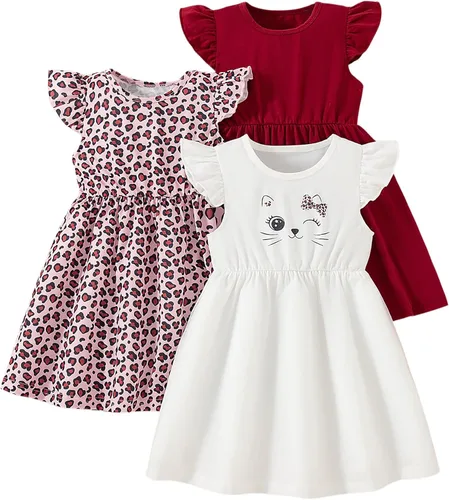 Vista 26 de Vestidos para niñas Vestidos para niñas pequeñas Paquete de 3 Vestido casual de fiesta con estampado patinador acampanado tipo A Vestido de verano
