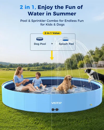 Vista 2 de VISTOP Piscina plegable para perros de 97 pulgadas con rociador, piscina grande de carcasa dura para mascotas, piscina plegable antideslizante