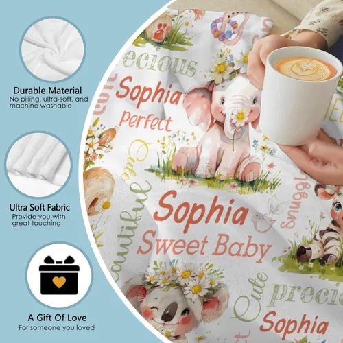 Vista 8 de Manta de bebé personalizada con diseño de animales del bosque, manta personalizada con nombre para niñas y niños, regalos de registro, manta suave