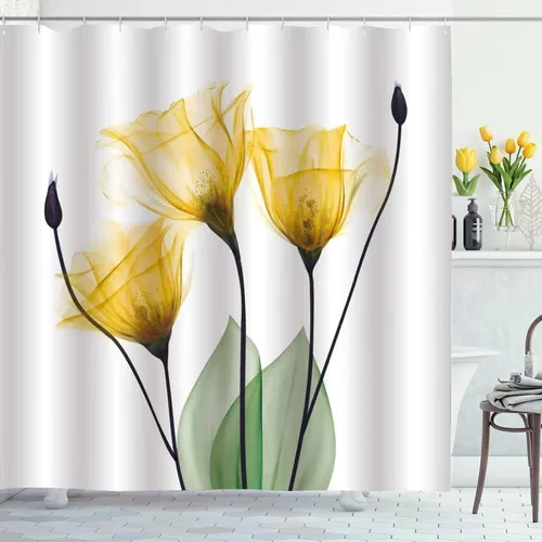 Vista 19 de Cortina de ducha floral de primavera, cortinas de ducha de plantas de flores silvestres para baño, cortina de baño de tela de poliéster impermeable