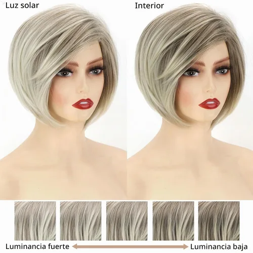 Vista 6 de TISHINING Pelucas rubias cortas en capas para mujeres blancas, longitud de la barbilla, color rubio ceniza, parte lateral, peluca Pixie Bob, cabello