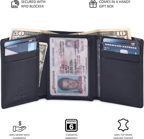 Vista 5 de Billetera para hombre, de piel auténtica, con bloqueo RFID, con ventana de identificación, en caja de regalo