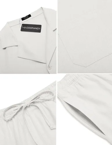 Vista 5 de COOFANDY Camisas de lino de manga corta con botones para hombre, conjunto corto hawaiano de playa de 2 piezas