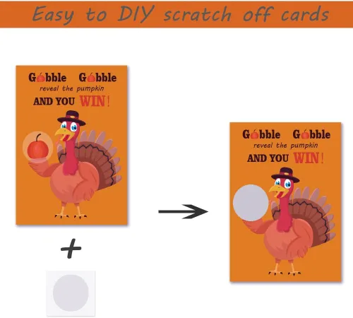 Vista 4 de 35 tarjetas de juego para raspar el día de Acción de Gracias, Turquía, otoño, festival, actividades de celebración, 5 ganadores, tarjetas de juego