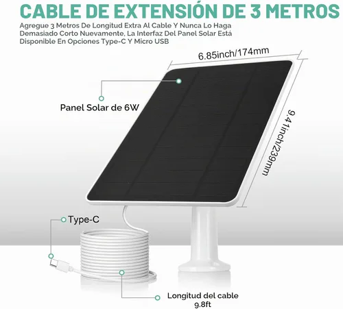 Vista 2 de Panel solar USB para cámara Ring, cargador de panel solar tipo C 5 V 6 W con cable de carga impermeable de 10 pies, micro USB y USB-C y puerto