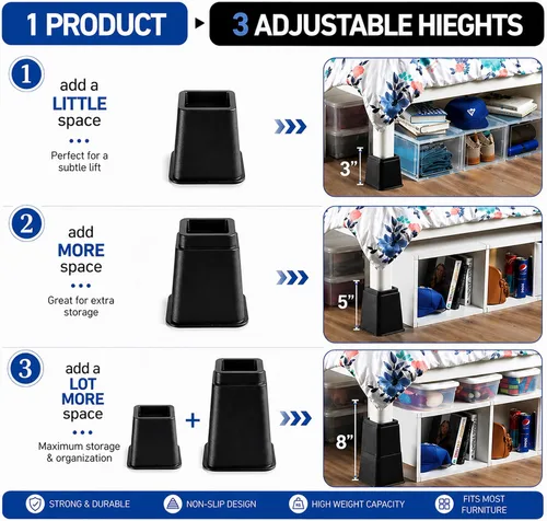 Vista 9 de Home It Elevadores de cama ajustables, elevación en 3, 5 u 8 pulgadas, elevadores de muebles apilables resistentes que soportan 1,300 libras