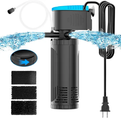 Vista 9 de AquaMiracle Filtro sumergible para acuario de 3 etapas en tanque con doble salida de agua y aireación, filtro interno de tanque de peces de 130 GPH