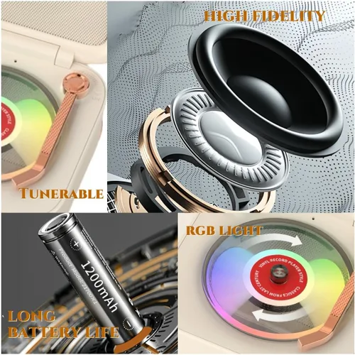 Vista 7 de Altavoz Bluetooth retro con luz de vinilo RGB, Turnables, tocadiscos pequeño, deco estética, sonido estéreo, batería larga, mini altavoz vintage