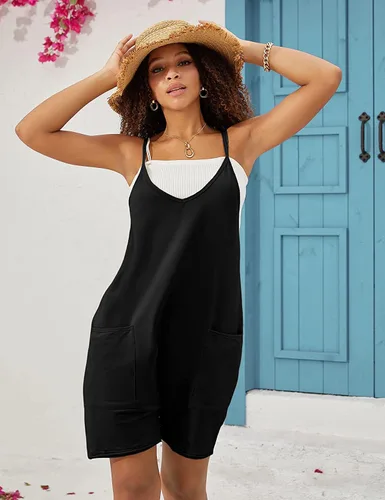 Vista 6 de DOGECOIN Mono de moda para mujer, overol de verano con tirantes sueltos, pantalones cortos con bolsillos