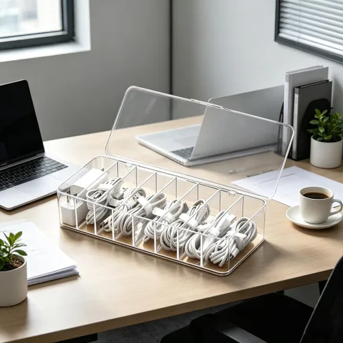 Vista 4 de Caja organizadora de cables, 10.2 x 3.5 x 2.2 pulgadas, organizador de cables de escritorio con compartimentos (1)