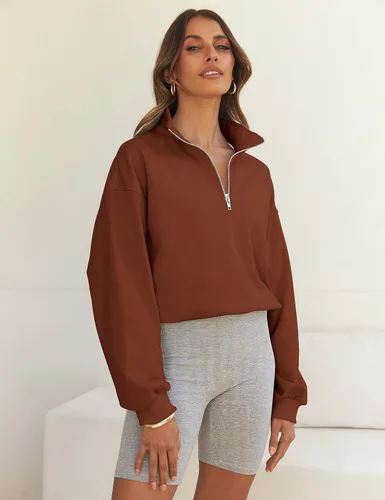 Vista 8 de MEROKEETY Sudadera corta con cremallera de un cuarto para mujer, manga larga, cuello alto, con cordón