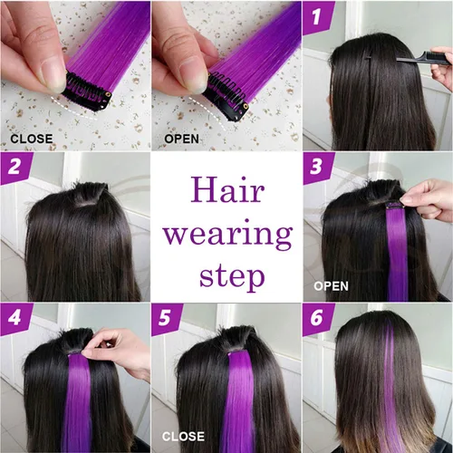 Vista 4 de 12 extensiones de cabello de colores rectas de 20 pulgadas, extensiones de cabello sintético con clip, color arcoíris, con reflejos, para fiesta