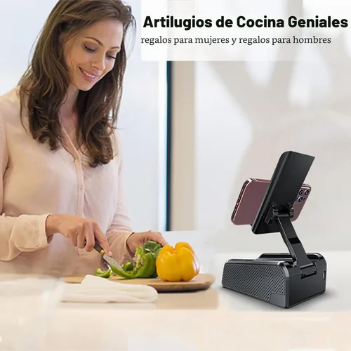 Vista 5 de JTEMAN Soporte para teléfono celular con altavoz Bluetooth, soporte para gadgets de cocina de escritorio con altavoz, regalos de cumpleaños