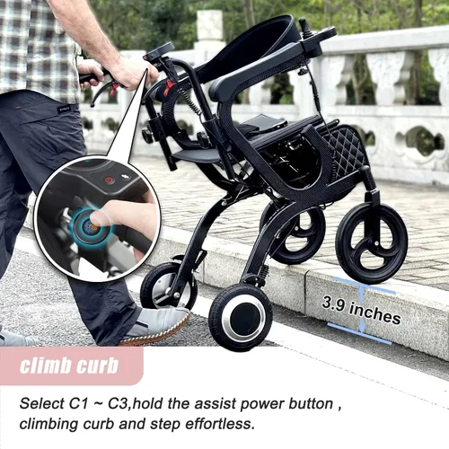 Vista 6 de CARLIKE Silla de ruedas eléctrica inteligente 3 en 1 y andador con asiento y silla de transporte eléctrica, ligera, plegable, reposapiés