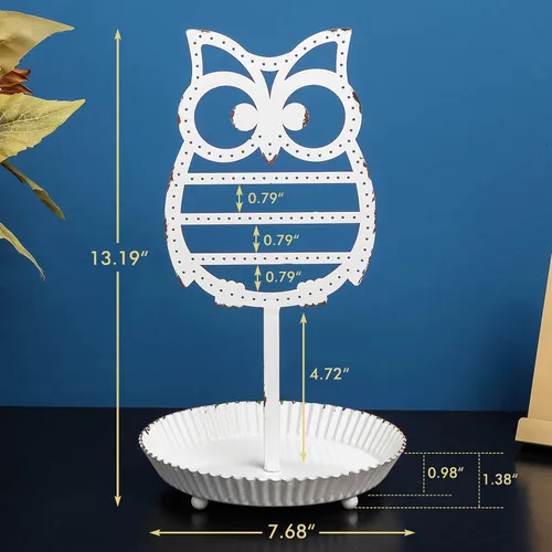 Vista 7 de NIKKY HOME Soporte organizador colgante de metal para joyas, árbol de mesa, búho, soporte de torre con bandeja para anillos para niñas