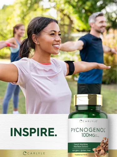Vista 6 de Carlyle Pycnogenol 100mg 30 Cápsulas Extracto de corteza de pino marítimo francés Pinus Pinaster Suplemento sin OMG y sin gluten