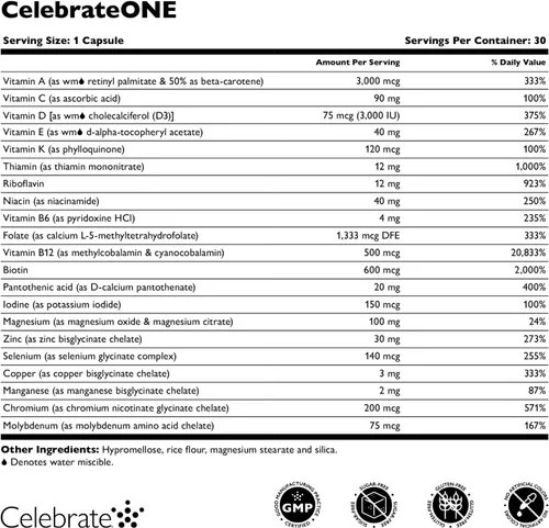 Vista 2 de Celebrate Vitamins CelebrateONE, sin hierro, multivitamínico bariátrico una vez al día, vitaminas y minerales esenciales, bypass gástrico