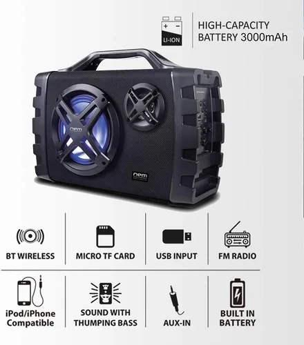 Vista 3 de NEM Mobi7e Altavoz estéreo portátil inalámbrico Bluetooth de alto rendimiento con graves extra, grabación USB, batería recargable, entrada de Negro