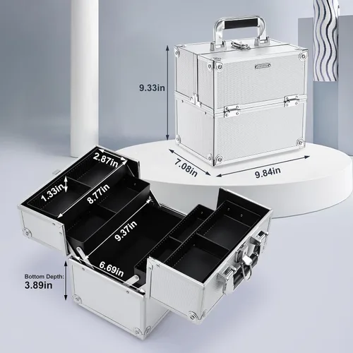 Vista 5 de FRENESSA Estuche de Tren para Maquillaje, Caja Organizadora de Cosméticos Portátil con Candado, Estuche de Viaje para Maquillaje con 4 Bandejas