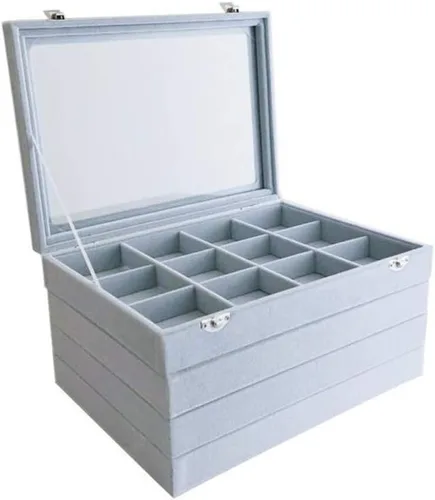 Vista 3 de Bandeja organizadora apilable de terciopelo gris con cubierta de vidrio, almacenamiento de joyas, de grado premium, multifunción, 12 rejillas