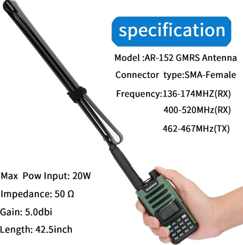 Vista 3 de ABBREE Antena de radio GMRS 42.5 pulgadas (462-467MHz) SMA hembra CS antena táctica para Baofeng UV-5R AR-152 UV-82 BF-888S y GM-15 Pro GMRS GM-5RH