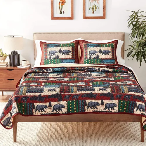 Vista 5 de Ebros Gift Rustic Forest Black Bear by Pine Trees Forest - Juego de ropa de cama acogedora tamaño Queen, manta acolchada de felpa de 90 x 90