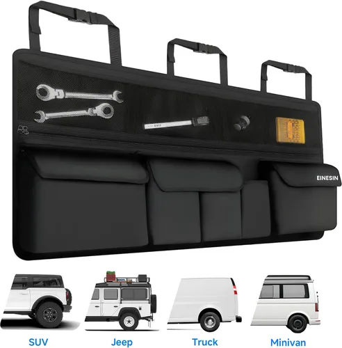 Vista 5 de Einesin Organizador de automóvil, organizadores de auto y almacenamiento con 9 bolsillos, organizador de maletero SUV para SUV, MPV/camión