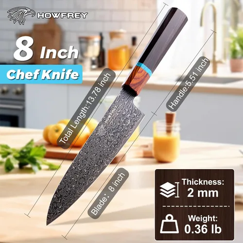 Vista 3 de Cuchillo de chef de Damasco, cuchillos de cocina japoneses de 8 pulgadas con 67 capas, acero inoxidable de alto carbono afilado con mangos