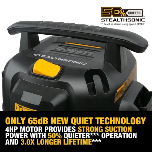 Vista 4 de DEWALT Aspiradora Stealthsonic de 5 galones y 4 HP DXV05P-QTB con 6 bolsas de polvo, aspiradora ultra silenciosa de polietileno con potente succión