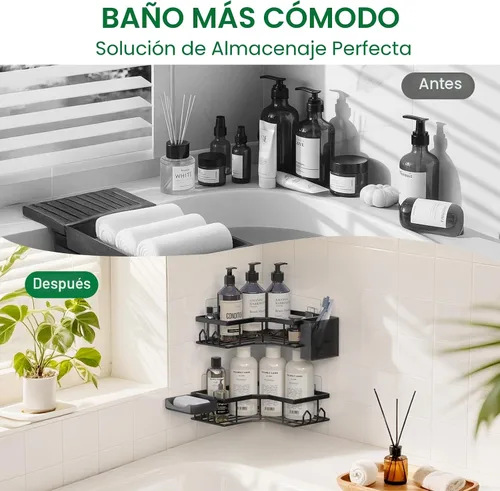 Vista 6 de Organizador de ducha adhesivo, paquete de 2 organizadores de baño esquineros, estantes de ducha de acero inoxidable a prueba de óxido con gran