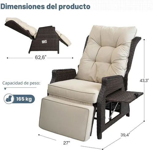 Vista 2 de Sillón reclinable para exteriores con respaldo ajustable y reposapiés, color beige