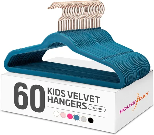 Vista 10 de HOUSE DAY Perchas de terciopelo para bebé, perchas de terciopelo para armario, paquete de 60 perchas antideslizantes para niños pequeños de 11.8