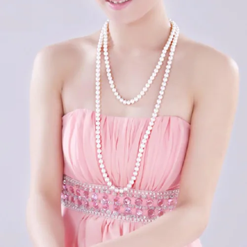 Vista 3 de Merdia Elegante suéter blanco largo para mujer, collar de perlas creadas, collar de cuentas