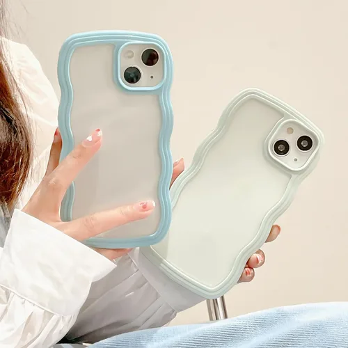 Vista 4 de UEEBAI Funda transparente con marco ondulado para iPhone 14 Plus de 6.7 pulgadas, funda transparente y rizada, bonita funda ondulada para teléfono