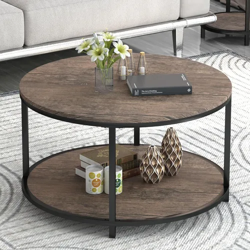 Vista 9 de NSdirect Mesa auxiliar redonda de 32 pulgadas para sala de estar, mesa central de madera maciza de 2 niveles para decoración del hogar con estante