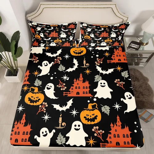 Vista 13 de Juego de sábanas con diseño de Papá Noel y muñeco de nieve para niños, niñas y niños, de temática navideña, juego de cama con diseño de árbol