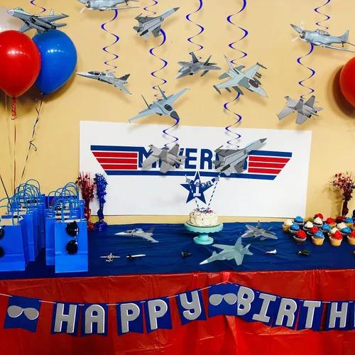 Vista 5 de Decoraciones de fiesta de remolinos colgantes de la fuerza aérea, pistola de avión, piloto, suministros de fiesta de cumpleaños, avión, combate