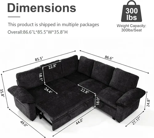 Vista 2 de 85" sofá seccional modular del durmiente, forma de L sacó el sofá cama con Negro