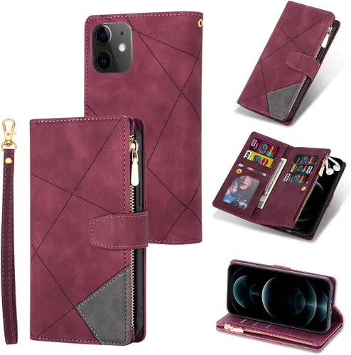 Vista 18 de UEEBAI Funda tipo cartera para iPhone 11 de 6.1 pulgadas, 9 ranuras para tarjetas retro con bolsillo con cremallera, cierre magnético, función atril