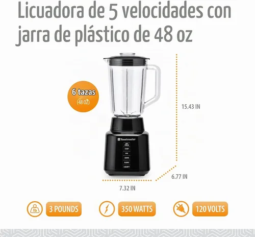 Vista 2 de Toastmaster Licuadora de 5 velocidades con tarro de plástico de 48 onzas, licuadora de cocina con cuchillas de acero inoxidable, para batidos