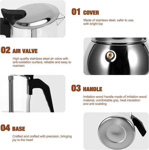 Vista 3 de Houkiper Cafetera de café expreso, 4 tazas de acero inoxidable de 6.8 fl oz, cafetera italiana, cafetera de cristal transparente, cafetera moca