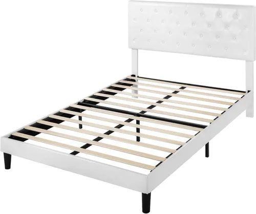 Vista 9 de SHA CERLIN Base de cama tamaño completo con cabecera capitoné con botones, base de colchón tapizada en cuero sintético, base de cama de plataforma