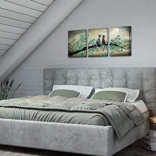 Vista 4 de KREATIVE ARTS Lienzo vintage para pared, diseño de animales descansando con 2 gatos, miran a la luna, 12 x 16 pulgadas, cuadros de pared giclée