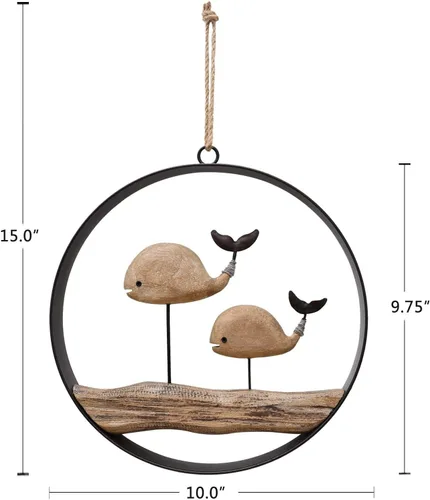 Vista 2 de YUMBOR Adorno rústico de ballena de madera colgante, ballena náutica desgastada, adorno de pared colgante de playa, temática costal, decoración