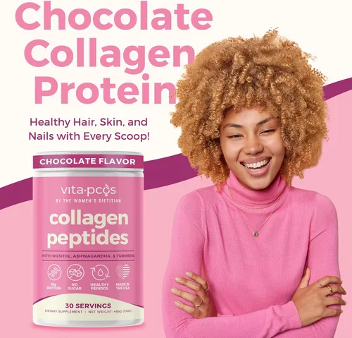 Vista 3 de Polvo de proteína de péptidos de colágeno para mujeres, suplemento PCOS formulado con inositol, ashwagandha y cúrcuma, apoya el cabello, la piel